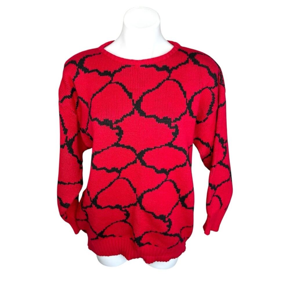 Vintage 80s Antoinette Cerise Pink Abstract Knit Sweater Made in Romania M